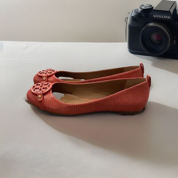 TORY BURCH ORANGE MINI MILLER LIZARD PRINT LEATHER BIG REVA FLAT SZ 6.5M - Picture 2 of 7